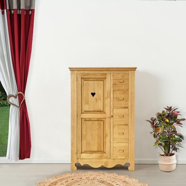 Armoirette  en pin massif 1 porte 5 tiroirs