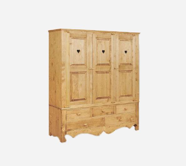 Armoire en pin massif 3 portes 5 tiroirs - charnières bois